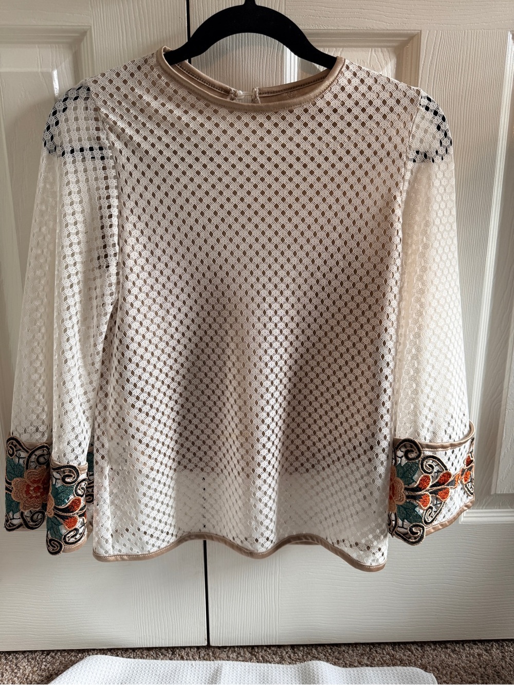 Embroidered Cuff Sheer Cream Blouse